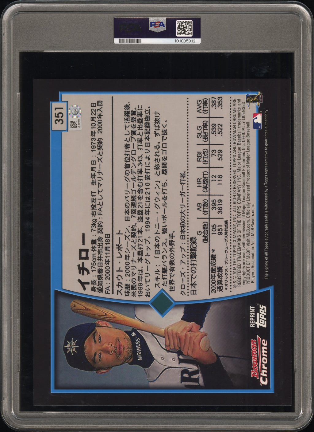 Ichiro Suzuki PSA 9 AUTO 10 2016 Topps Authentics 8x10 2001 Bowman Chrome oversized JAPANESE reprint AUTOGRAPH (pop 1, 0 higher)