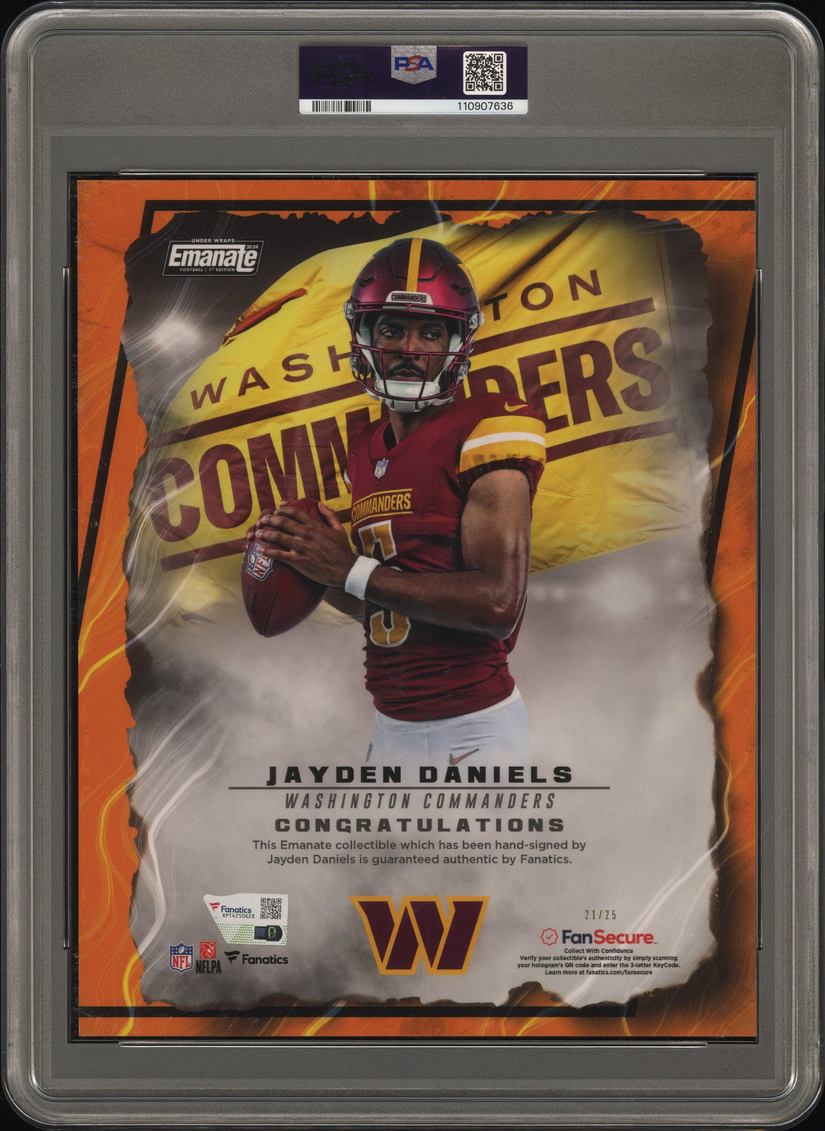 Jayden Daniels PSA 8 AUTO Fanatics Under Wraps Emanate #/25 ORANGE 2024 Rookie RC (Oversized) Autograph PSA/DNA