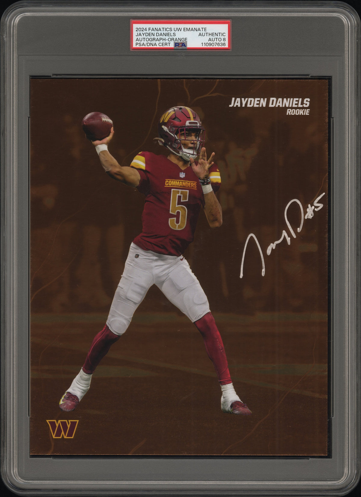 Jayden Daniels PSA 8 AUTO Fanatics Under Wraps Emanate #/25 ORANGE 2024 Rookie RC (Oversized) Autograph PSA/DNA