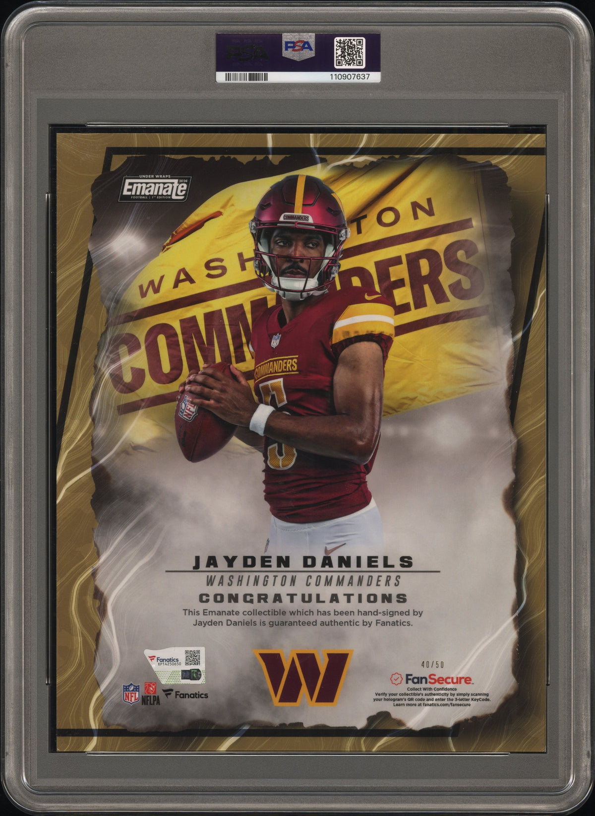 Jayden Daniels PSA 9 AUTO Fanatics Under Wraps Emanate #/50 GOLD 2024 Rookie RC (Oversized) Autograph PSA/DNA