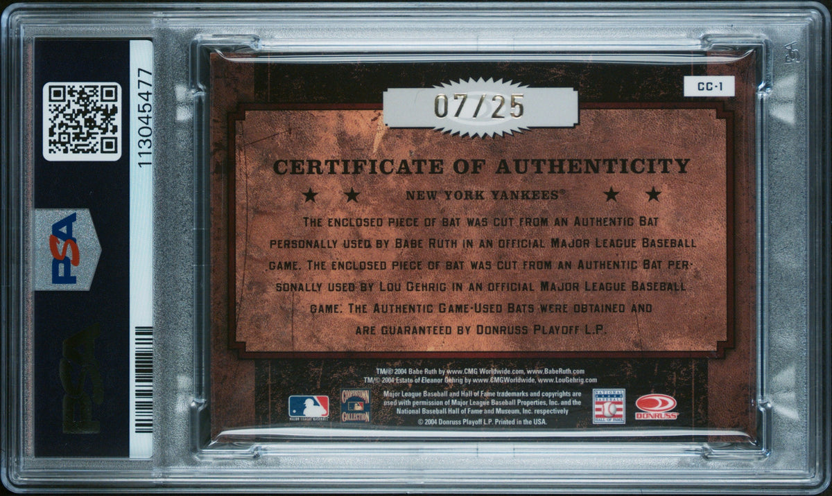 Babe Ruth & Lou Gehrig PSA 8 2004 Donruss Classics DUAL GAME-USED BAT #/25