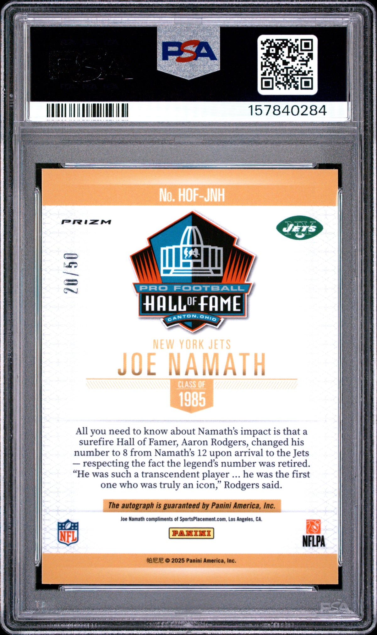 Joe Namath PSA 9 Panini Select 2025 HOF Signature Prizm AUTO Autograph