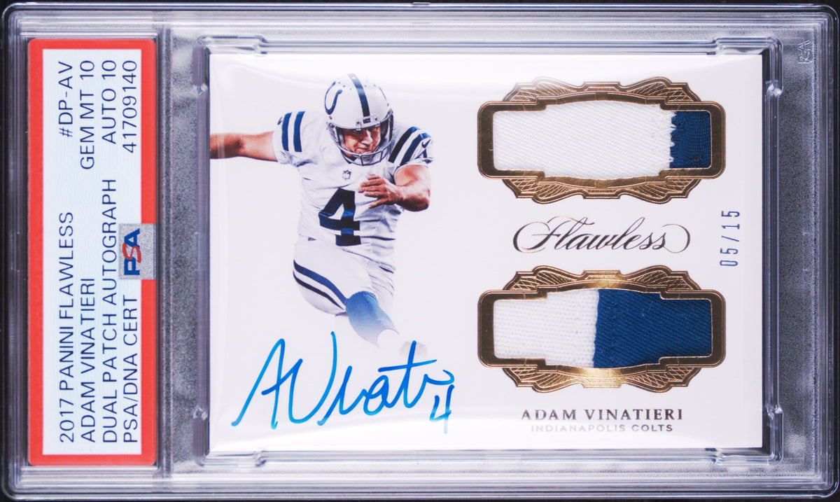 Adam Vinatieri PSA 10 AUTO 10 2017 Panini FLAWLESS Dual GAME-USED AUTOGRAPH (pop 1)