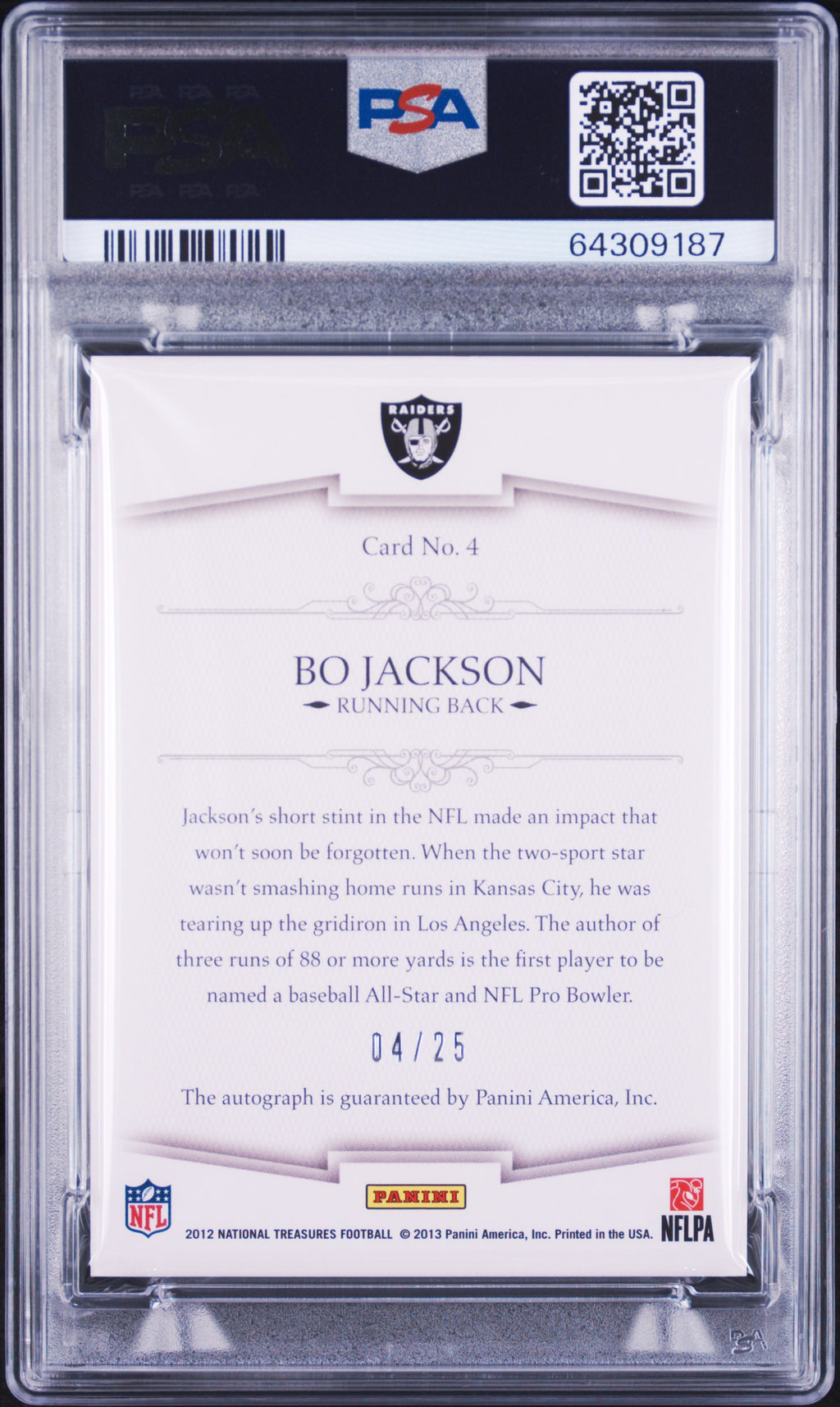 Bo Jackson PSA 10 AUTO 10 2012 Panini National Treasures NFL GREATEST SIGNATURES #/25 AUTOGRAPH