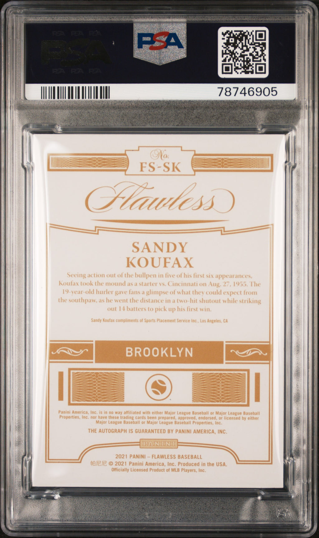Sandy Koufax PSA 9 AUTO 10 2021 Panini FLAWLESS Signatures Ruby #/10 AUTOGRAPH