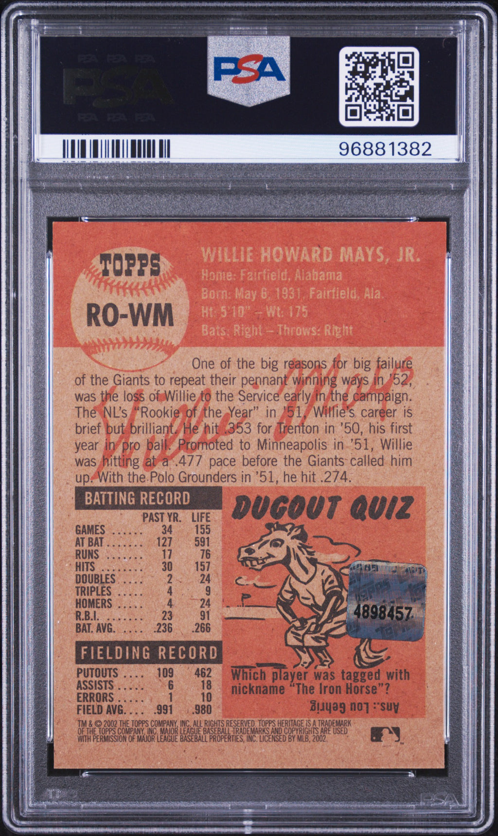 Willie Mays PSA 9 AUTO 10 Topps Heritage 2002 Real One (1953 Topps Reprint) Certified AUTOGRAPH