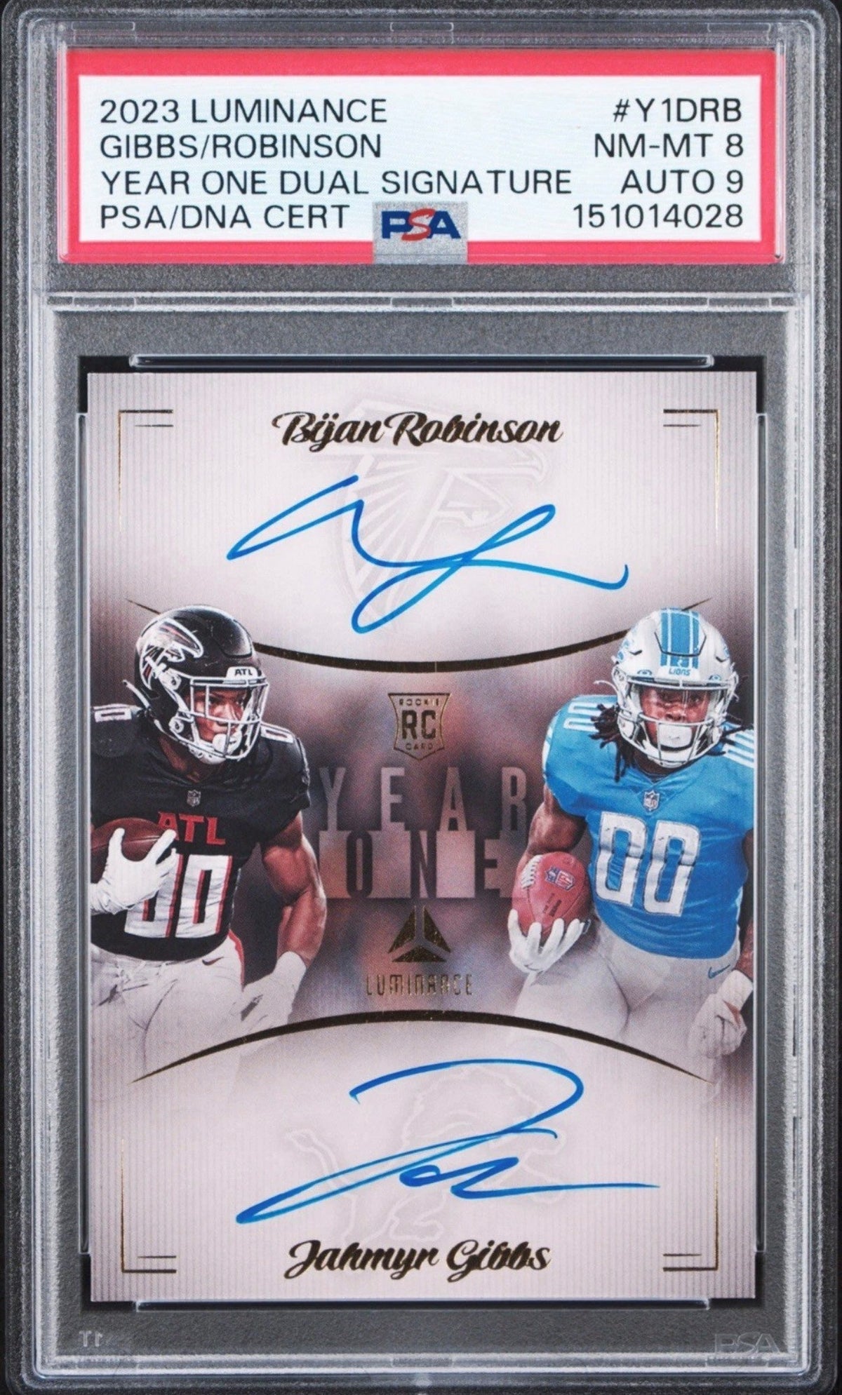 Bijan Robinson & Jahmyr Gibbs PSA 8 AUTO 9 2023 Panini LUMINANCE Year One DUAL AUTO Autograph RC Rookie