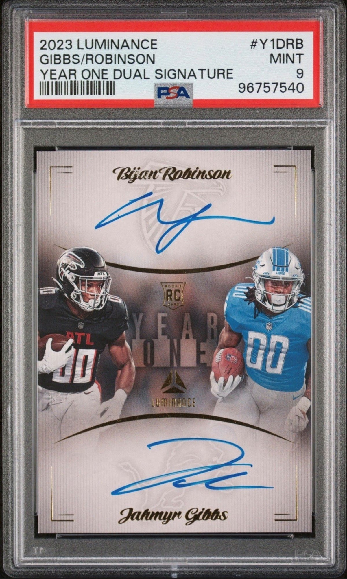 Bijan Robinson & Jahmyr Gibbs PSA 9 2023 Panini LUMINANCE Year One DUAL AUTO Autograph RC Rookie