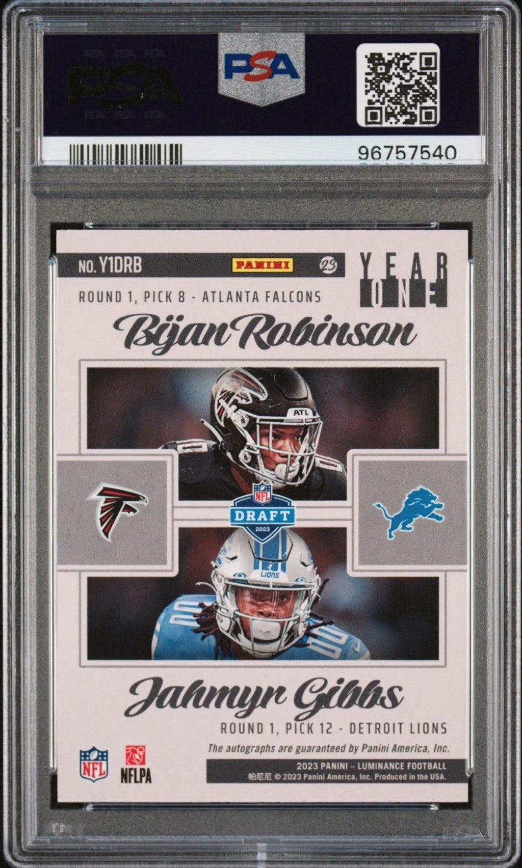 Bijan Robinson & Jahmyr Gibbs PSA 9 2023 Panini LUMINANCE Year One DUAL AUTO Autograph RC Rookie