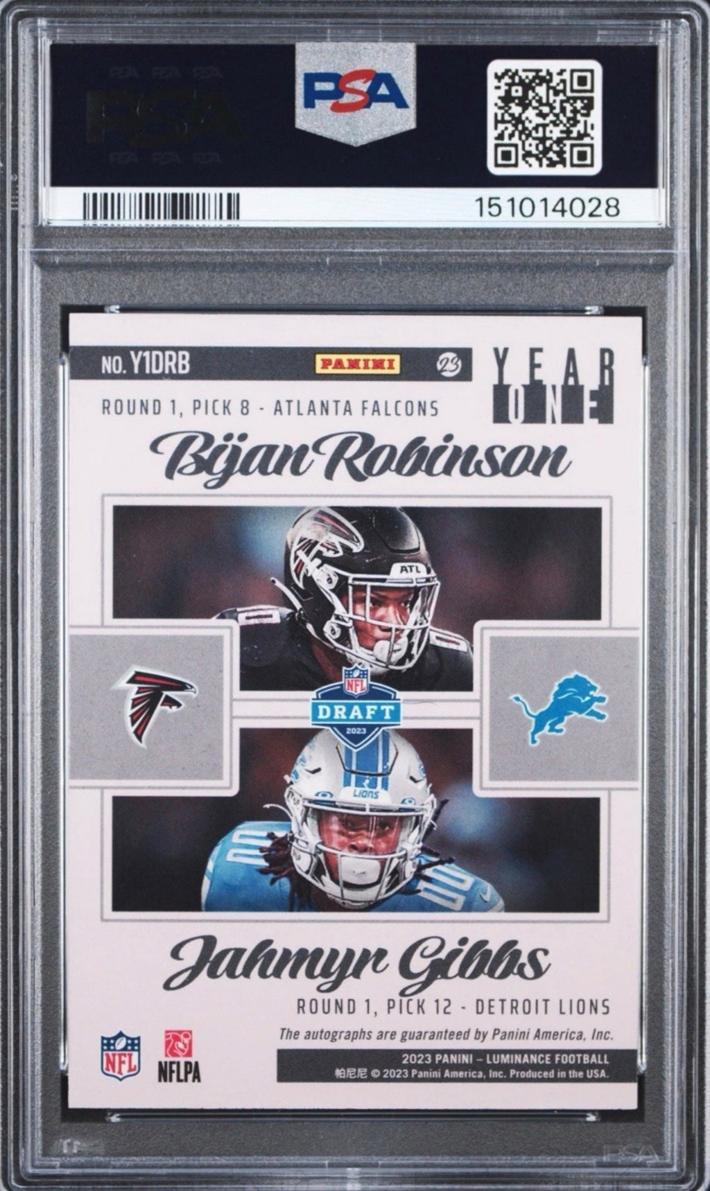 Bijan Robinson & Jahmyr Gibbs PSA 8 AUTO 9 2023 Panini LUMINANCE Year One DUAL AUTO Autograph RC Rookie