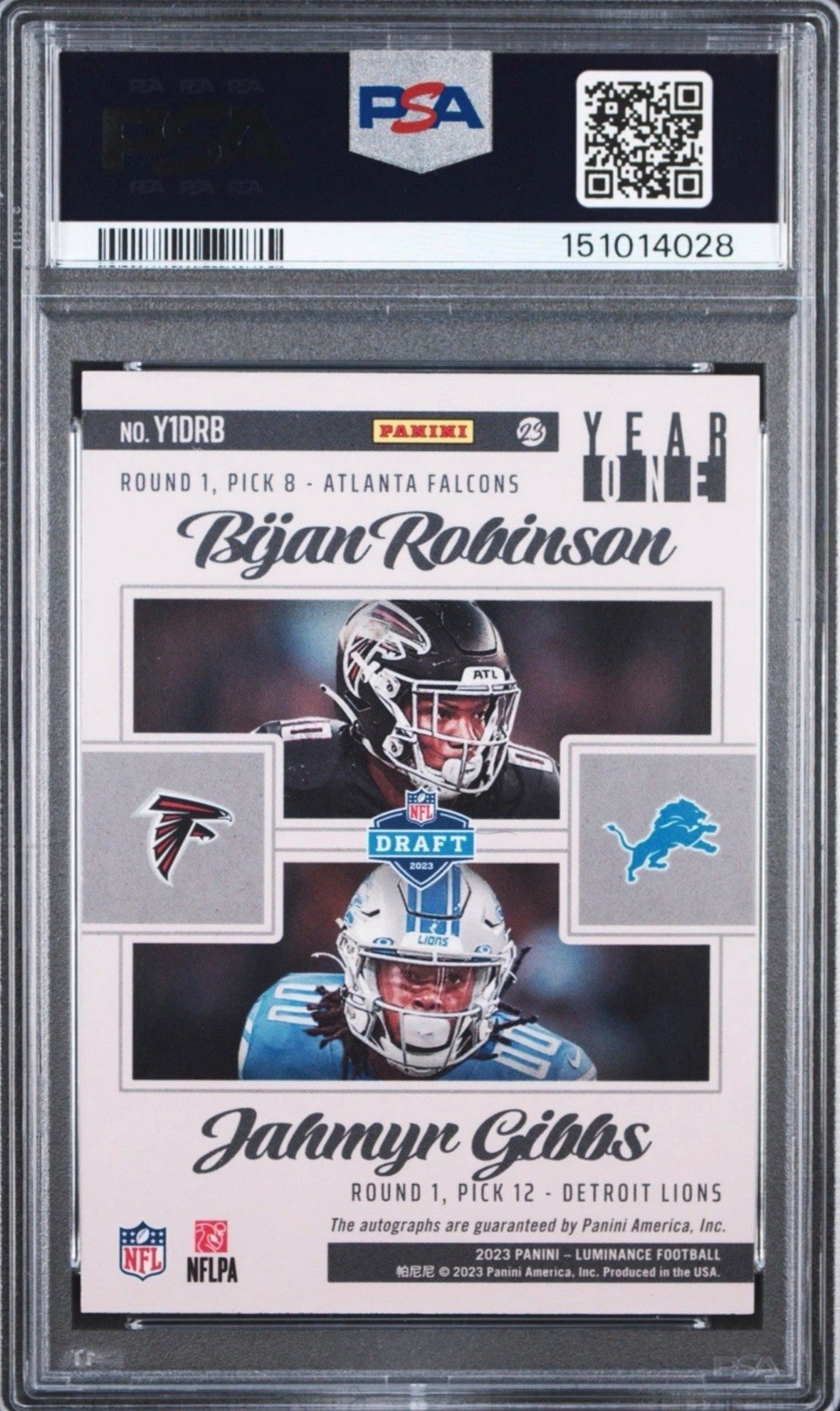 Bijan Robinson & Jahmyr Gibbs PSA 8 AUTO 9 2023 Panini LUMINANCE Year One DUAL AUTO Autograph RC Rookie