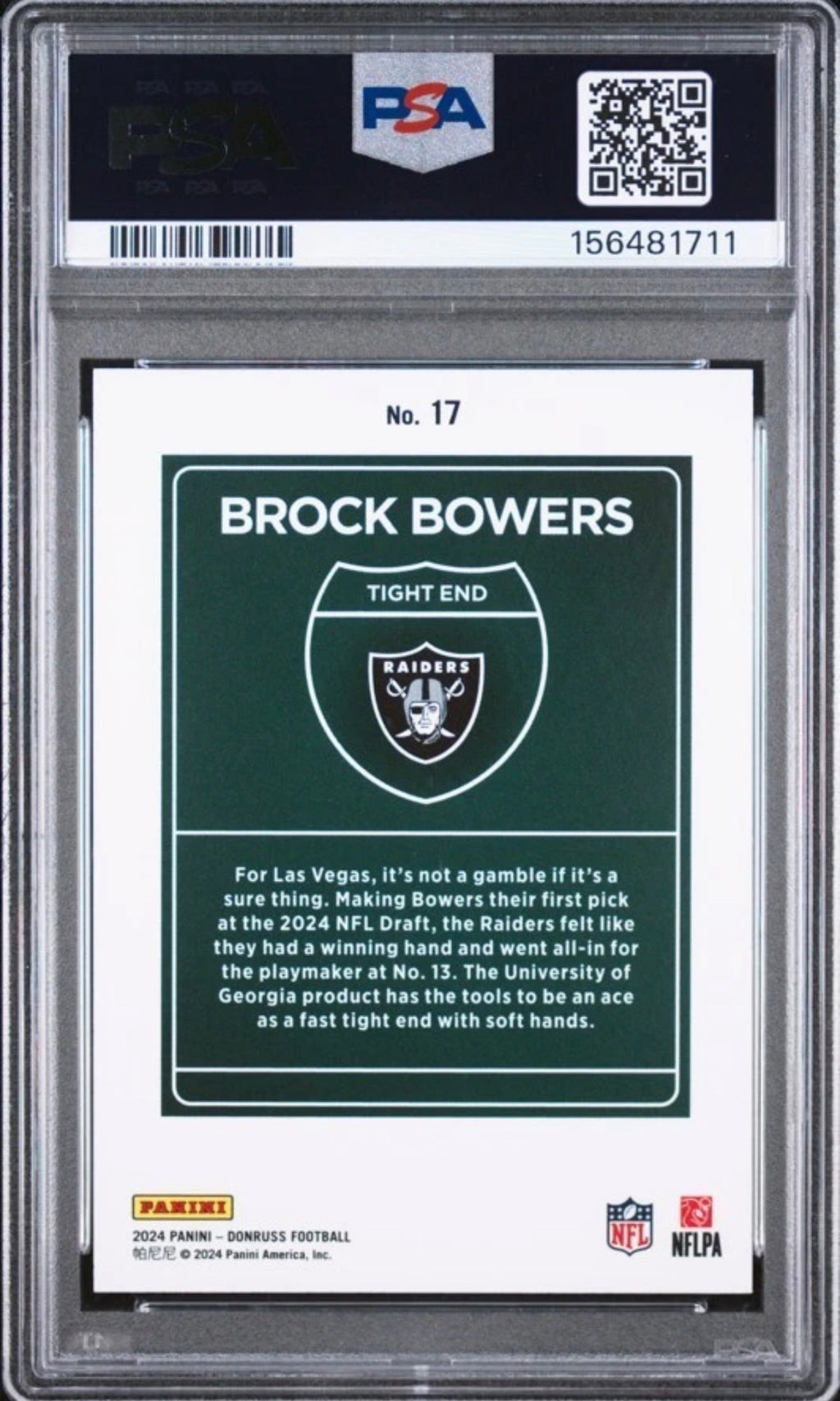 Brock Bowers PSA 9 AUTO 10 Rookie RC 2024 Donruss DOWNTOWN! (pop 2, 0 higher)
