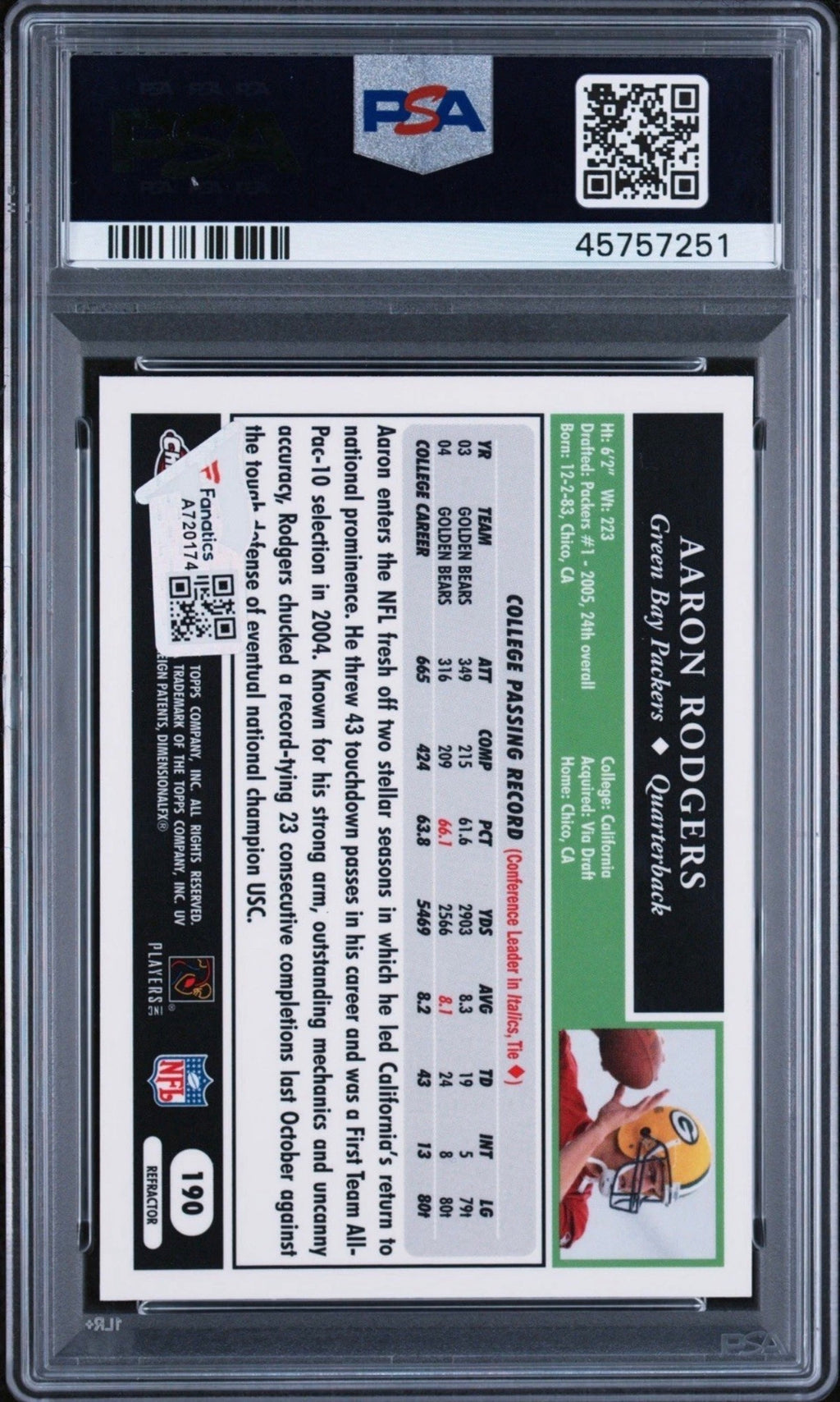 AARON RODGERS PSA 9 AUTO 10 Topps Chrome 2005 REFRACTOR Rookie RC Fanatics