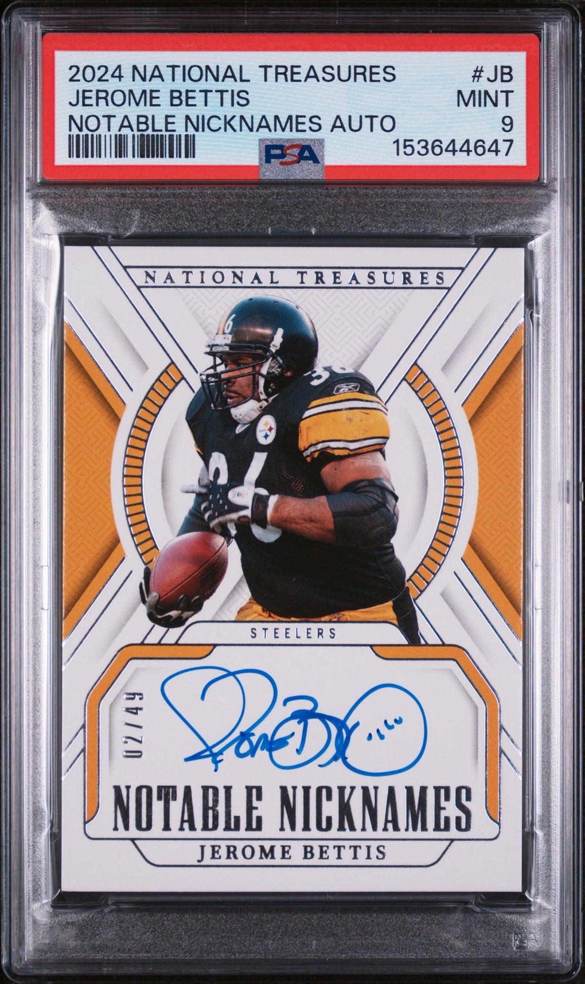 Jerome Bettis PSA 9 National Treasures 2024 Notable Nicknames AUTO Autograph