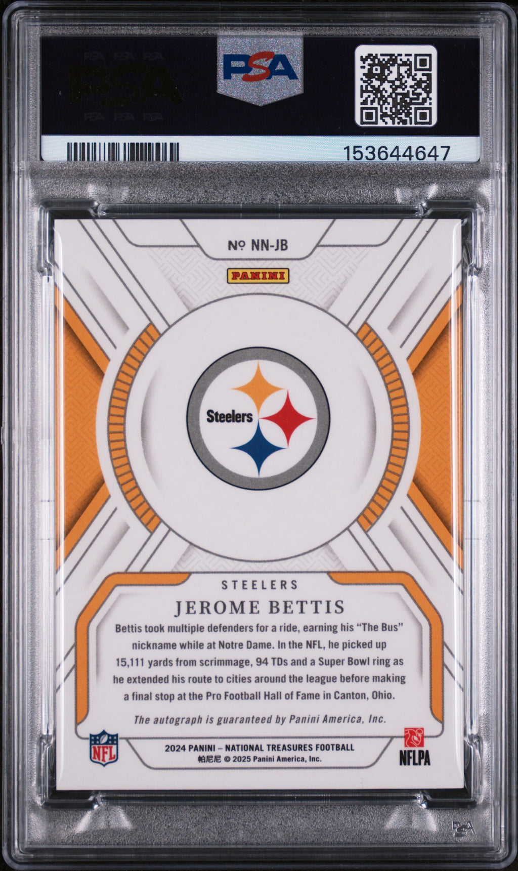 Jerome Bettis PSA 9 National Treasures 2024 Notable Nicknames AUTO Autograph