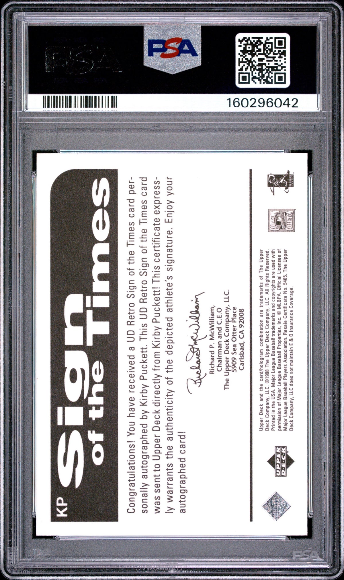 Kirby Puckett PSA 9 Upper Deck Retro 1998 Sign of the Times AUTO Autograph