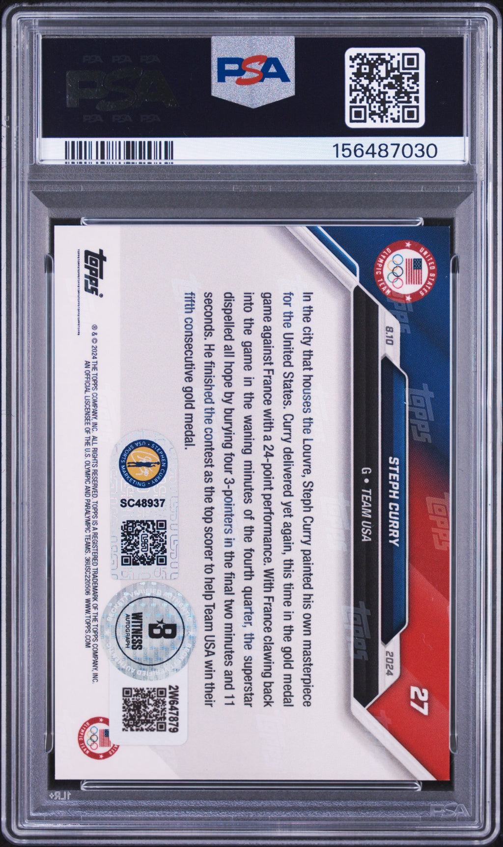 Stephen Curry PSA 10 AUTO Topps Now Olympics 2024 Autograph BECKETT WITNESS & PSA/DNA