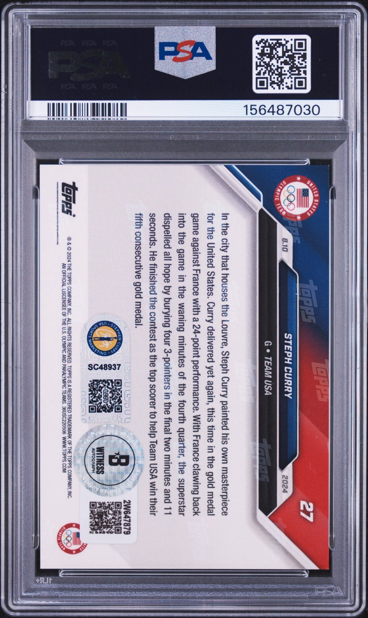 Stephen Curry PSA 10 AUTO Topps Now Olympics 2024 Autograph BECKETT WITNESS & PSA/DNA
