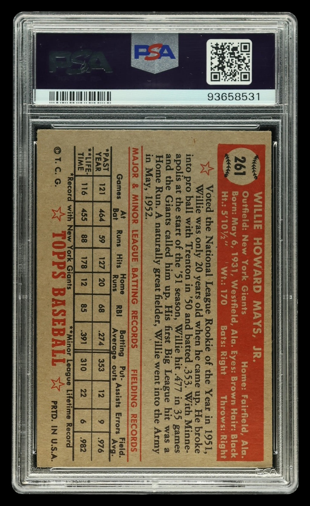 Willie Mays 1952 Topps #261 PSA 3 *MBA Diamond Bronze* EYE APPEAL