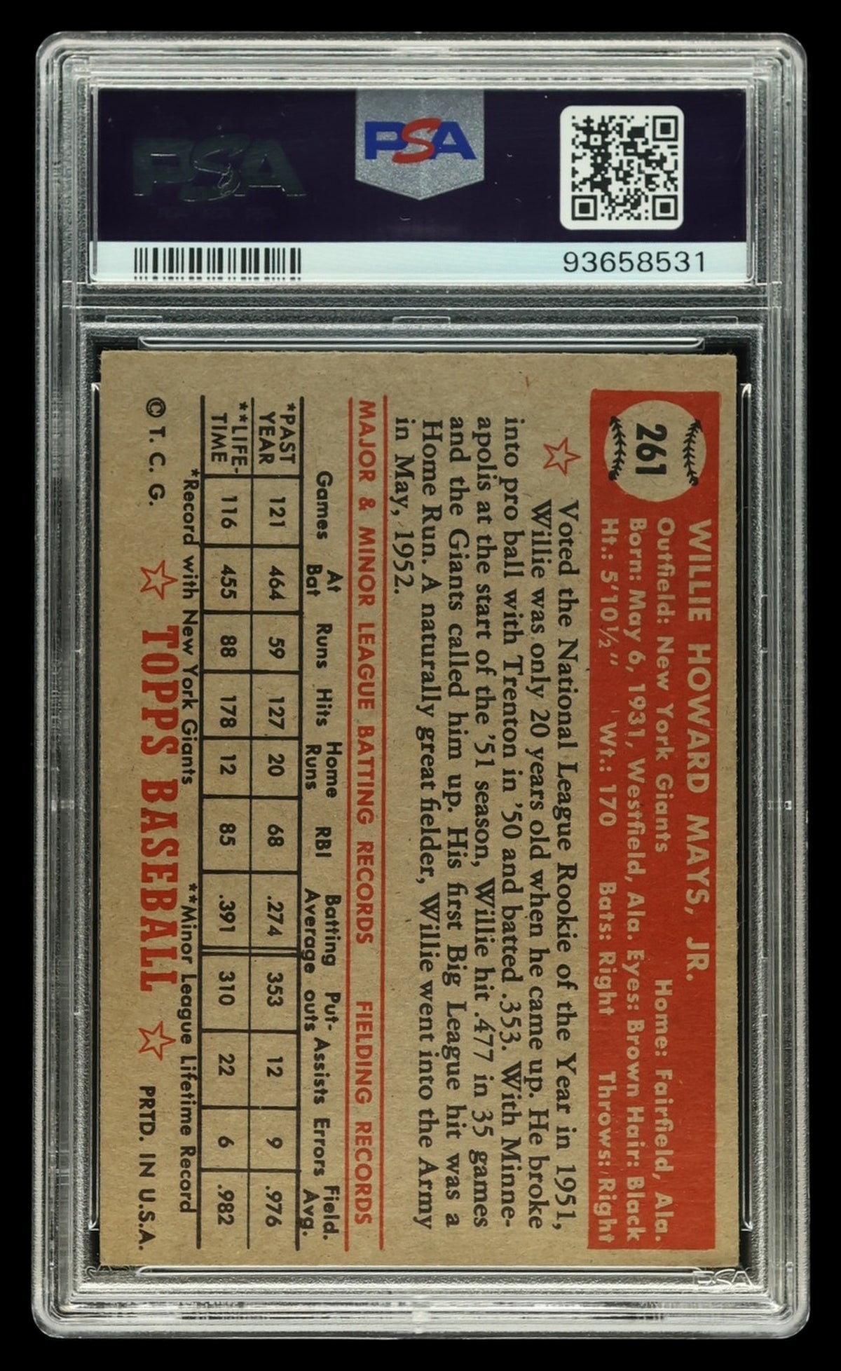 Willie Mays 1952 Topps #261 PSA 3 *MBA Diamond Bronze* EYE APPEAL