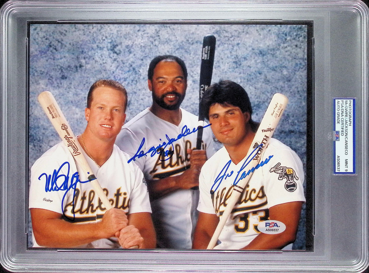 Mark McGwire, Jose Canseco, Reggie Jackson PSA 9 AUTO Triple Autograph 8x10 PHOTO Signed PSA/DNA Slabbed