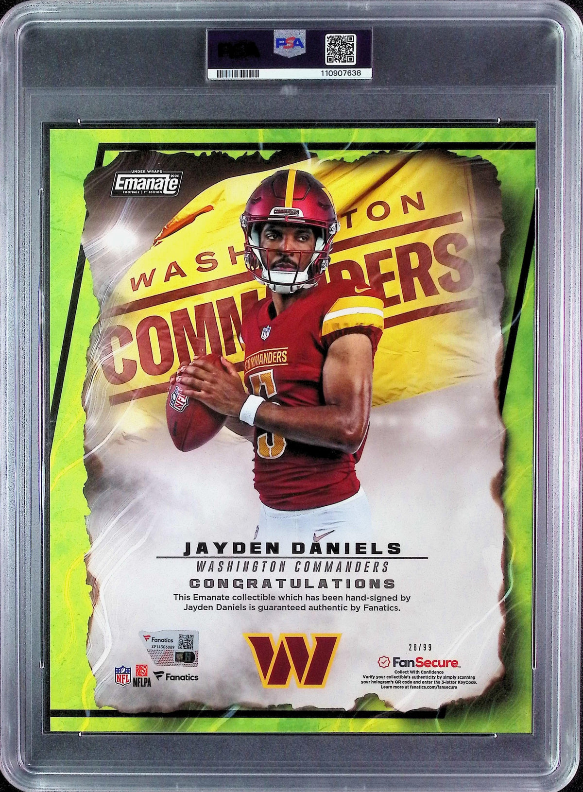 Jayden Daniels PSA 10 AUTO Fanatics Under Wraps Emanate #/99 GREEN 2024 Rookie RC (Oversized) Autograph PSA/DNA