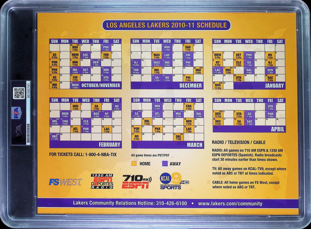Kobe Bryant PSA 10 AUTO Autograph 2010-11 LAKERS SCHEDULE Signed SLABBED Sealed